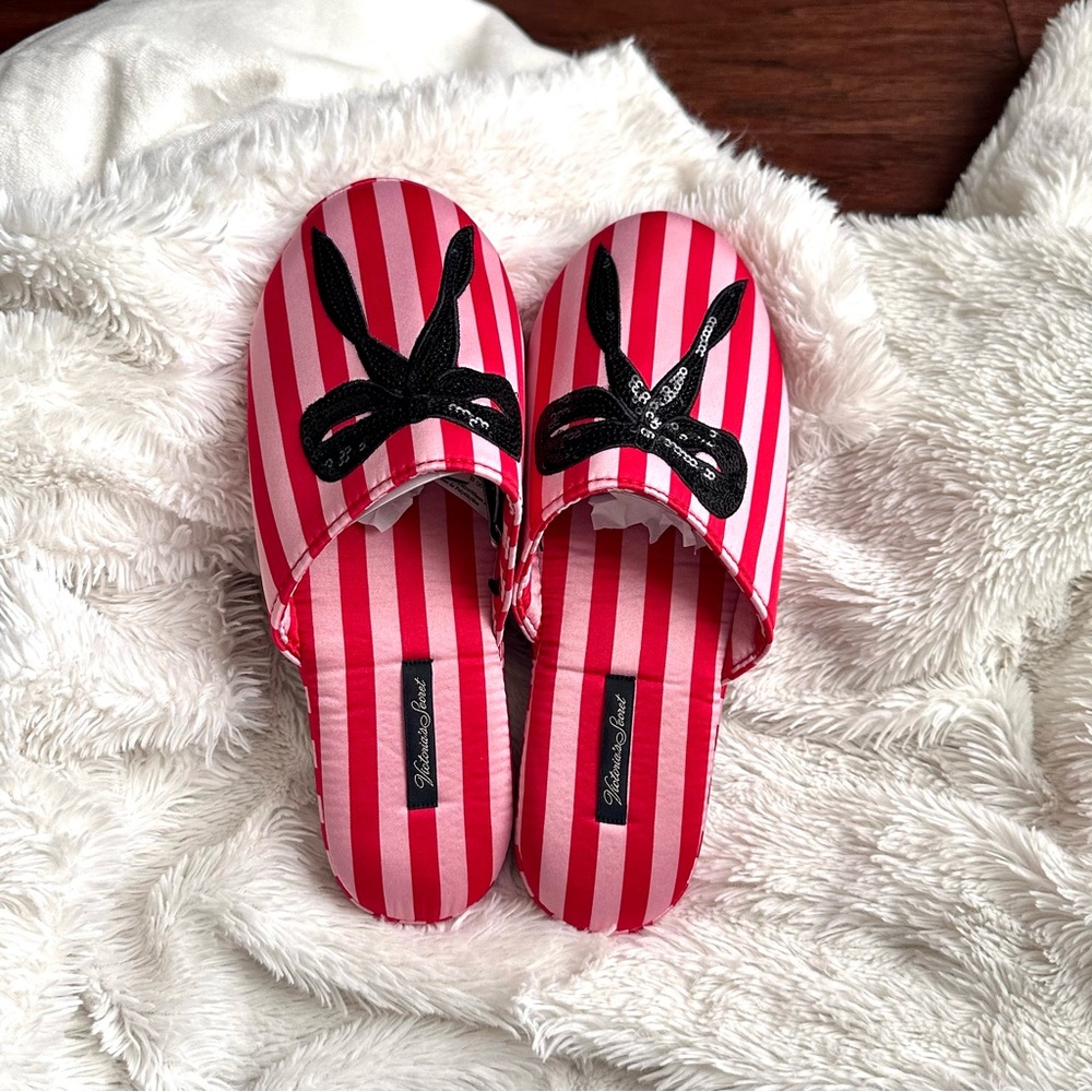Victoria Secret slippers red pink striped satin feel black sequin